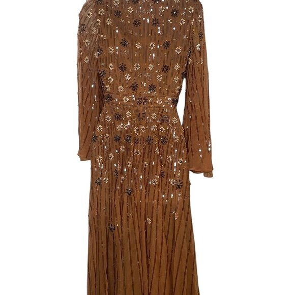 Mac Duggal Cognac Sequin Floral Midi Dress Size 2 NWT Sample Style 94076 - Picture 2 of 6